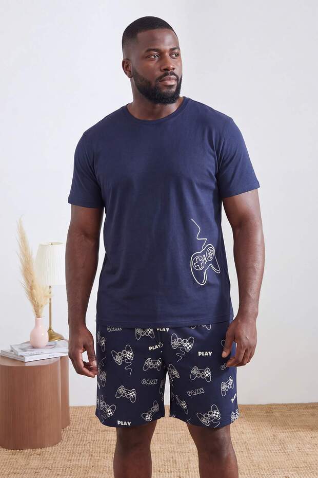 Navy Blue Regular Cut Game Printed 100% Cotton Big Size Pajama Set Tmnss26Ai00001