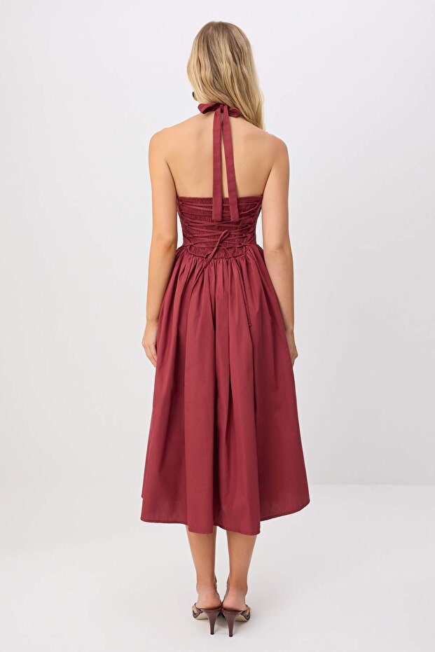Bordo Boyundan Bağlı Poplin Maxi Dokuma Elbise TWOSS25EL00881 - 5