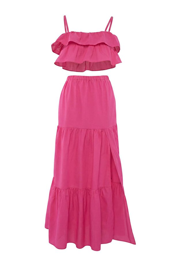 Fuşya Dokuma Fırfır Detaylı Maxi Boy Crop 100% Pamuk Plaj Bluz Etek Takım TBESS26AU00010 - 4