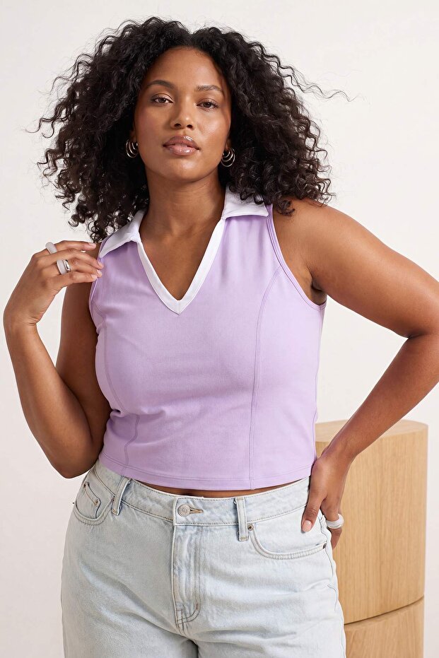 Lila Polo Yaka Dalgıç/Scuba Crop Örme Büyük Beden Spor Üst/Bluz TBBSS26AF00255 - 2