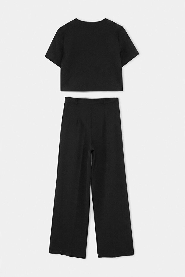 Siyah Kısa Kol Ceket Wide Leg Pantolon Dokuma Alt - Üst Takım TWOAW27AU00021 - 3
