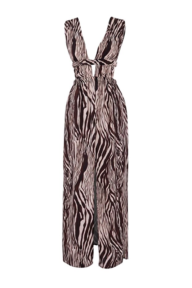 Zebra Desenli Maxi Dokuma Yırtmaçlı Plaj Elbisesi TBESS22EL0731 - 2