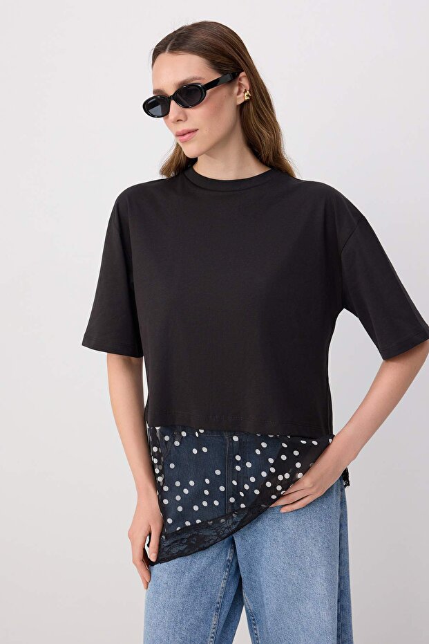 Black Plain Oversize/Wide Fit Polka Dot Lace Detailed Knitted T-Shirt Twoss26Ts00337