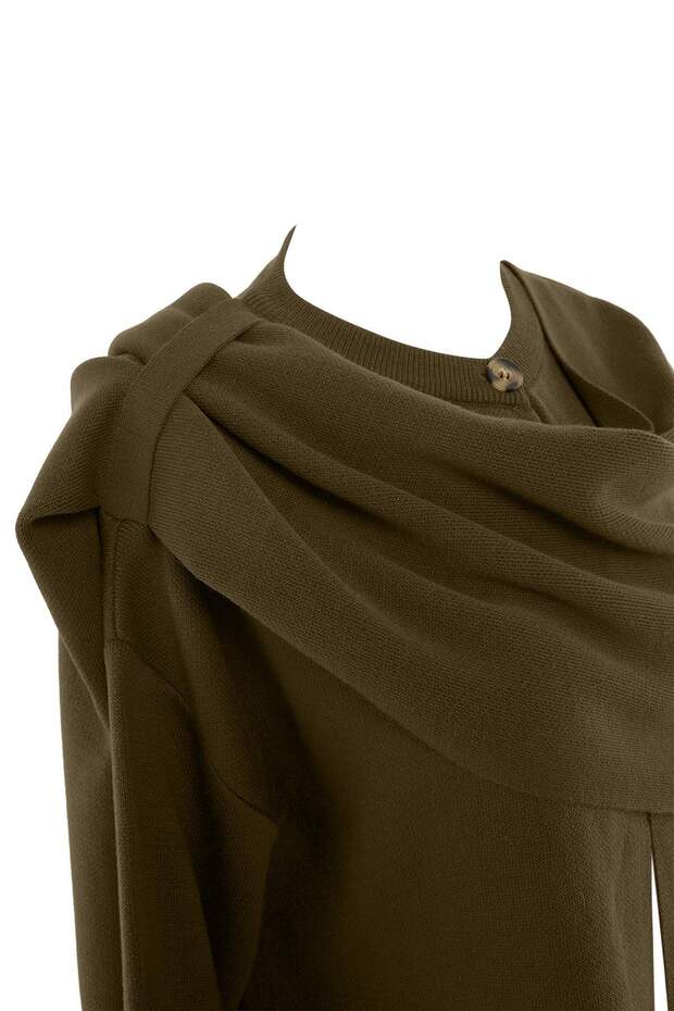 Haki Vücut Seçmeyen Süper Oversize/Geniş Kalıp Şal Detaylı Panço Triko Kazak TWOAW26KZ00160 - 4
