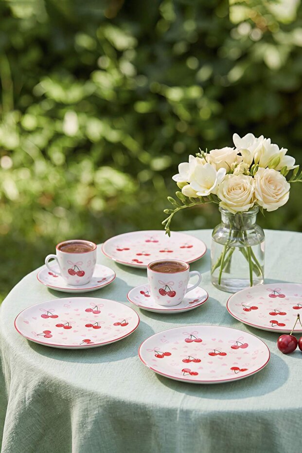 Set of 4 Cherry Patterned Porcelain Cake Plates 21 cm Tphss26Tbk00070