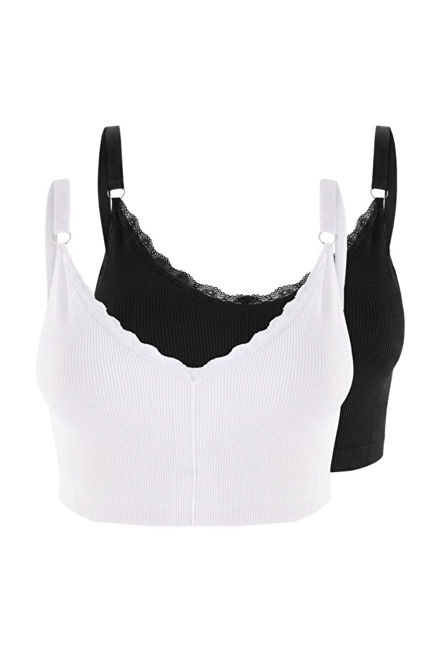 Çok Renkli 2li Seamless/Dikişsiz Dantel Detaylı Kapsız Askılı Bralette Sütyen TBBSS26CW00018 - 6