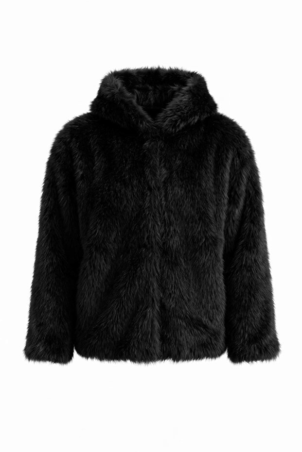 Siyah Oversize Kalıp Kapüşonlu Kürk Büyük Beden Mont TWOAW26AW00000 - 8