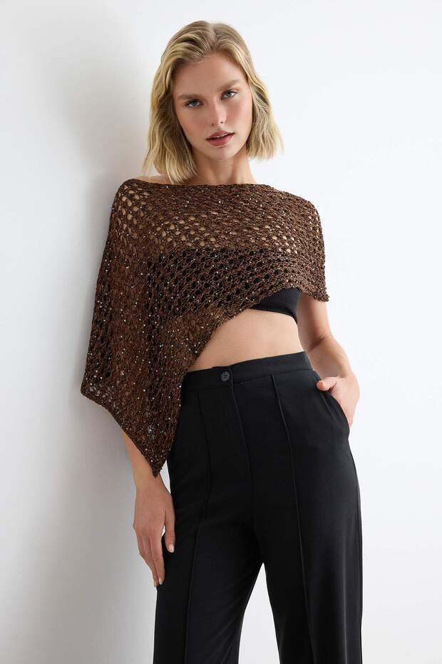Kahverengi Bolero Pul Payet Parlak Görünümlü Crop Triko Bluz TWOAW27KZ00252