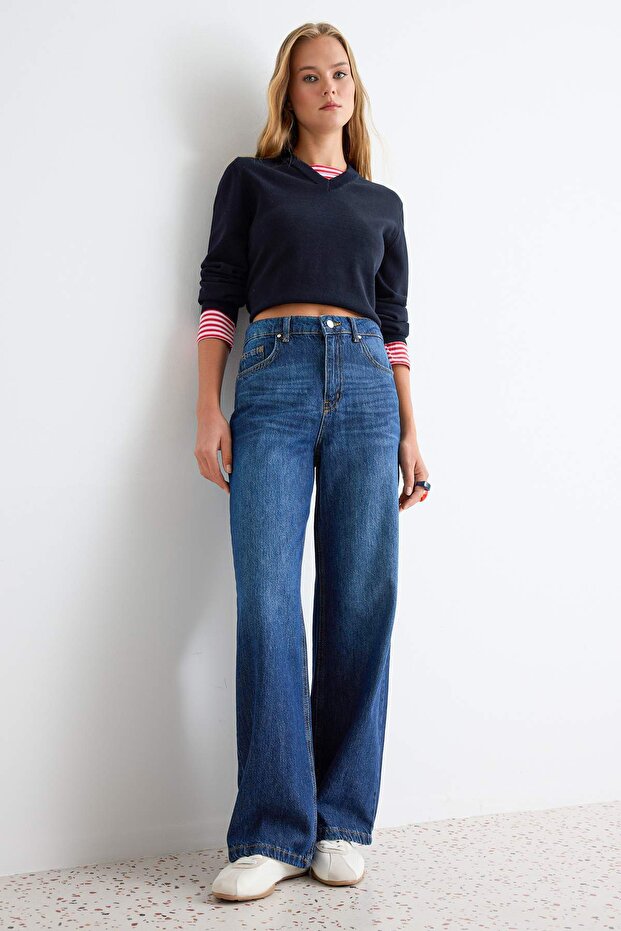 Koyu Mavi %100 Pamuk Yüksek Bel Wide Leg Jeans TWOAW27JE00082