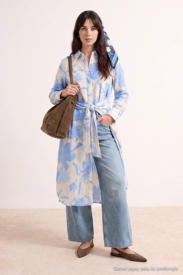 Mavi Oversize Çiçekli Viskon Uzun Tunik Gömlek TCTAW27TG00011