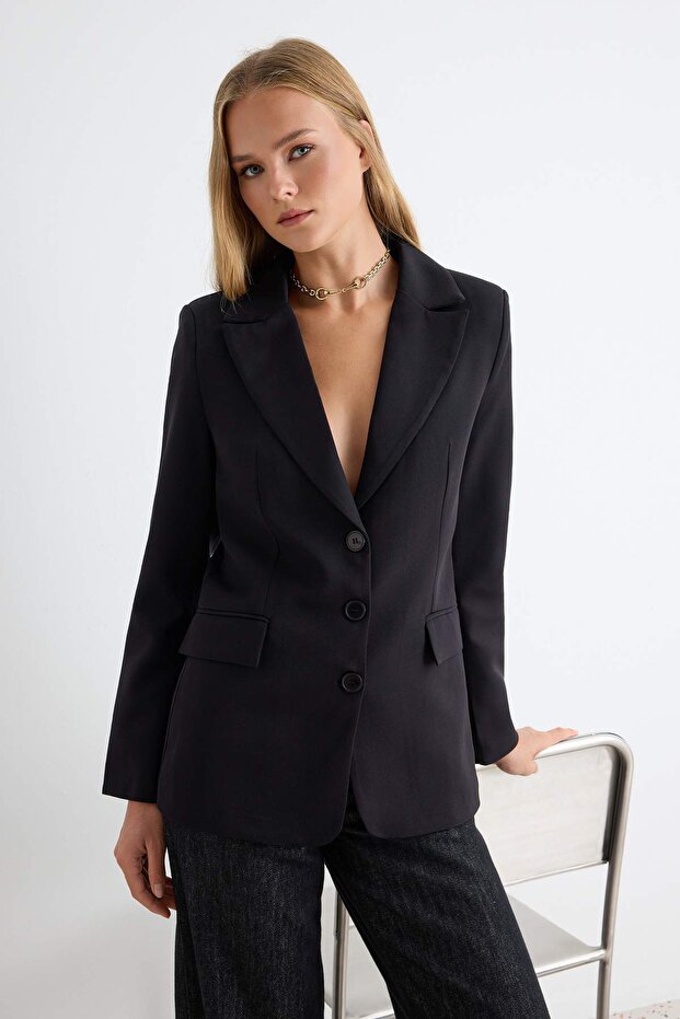 Siyah Regular Astarlı Düğmeli Dokuma Blazer Ceket TWOAW22CE0168 - 2