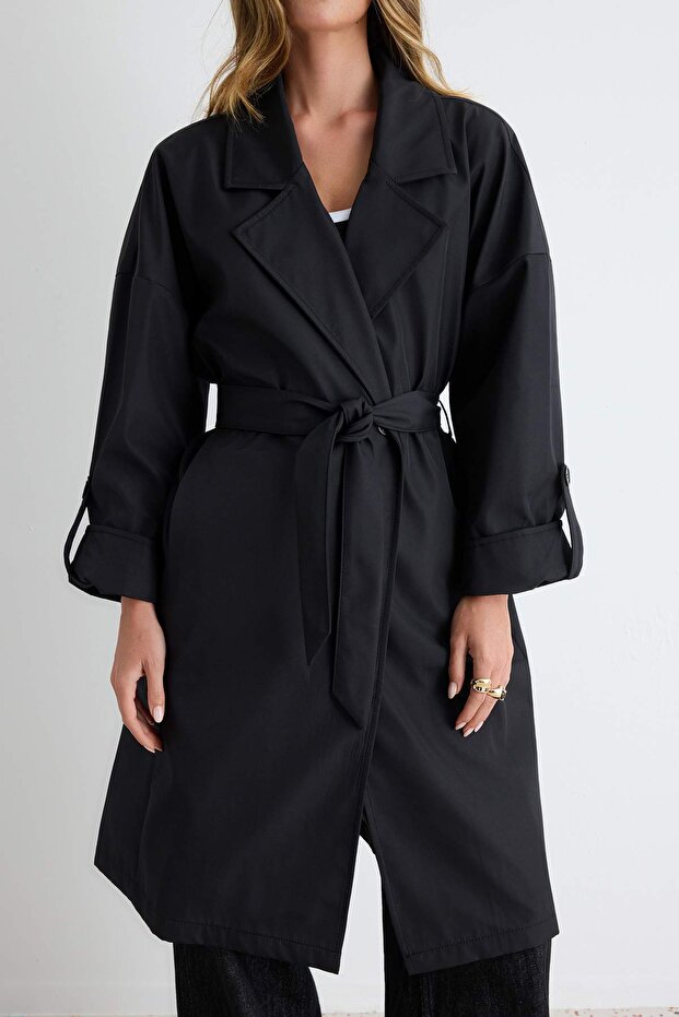 Siyah Oversize Kuşaklı Su İtici Uzun Trençkot TWOAW24TR00019 - 3