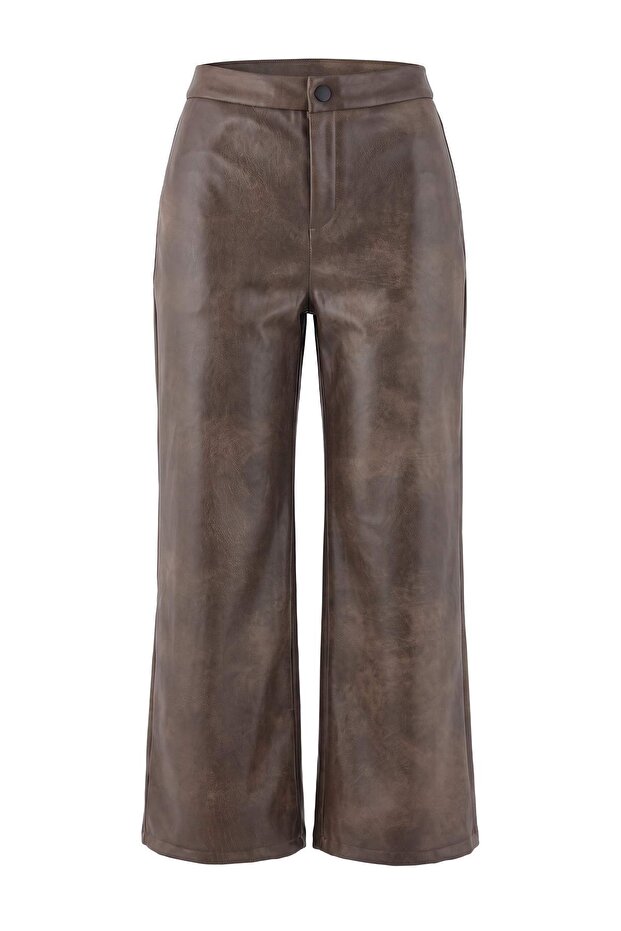 Haki Degrade Wide Leg/Geniş Paça Suni Deri Örme Pantolon TWOAW27PL00023