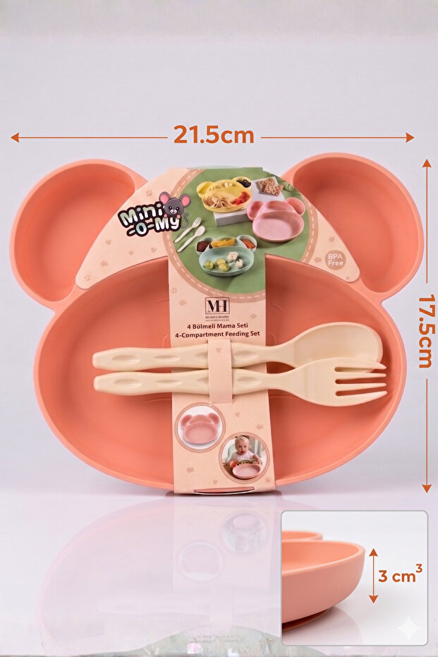 Pink Baby Food Plate Set with Mouse Figure and 4 Compartments - Educational Spoon and Fork Set Bpa-Free