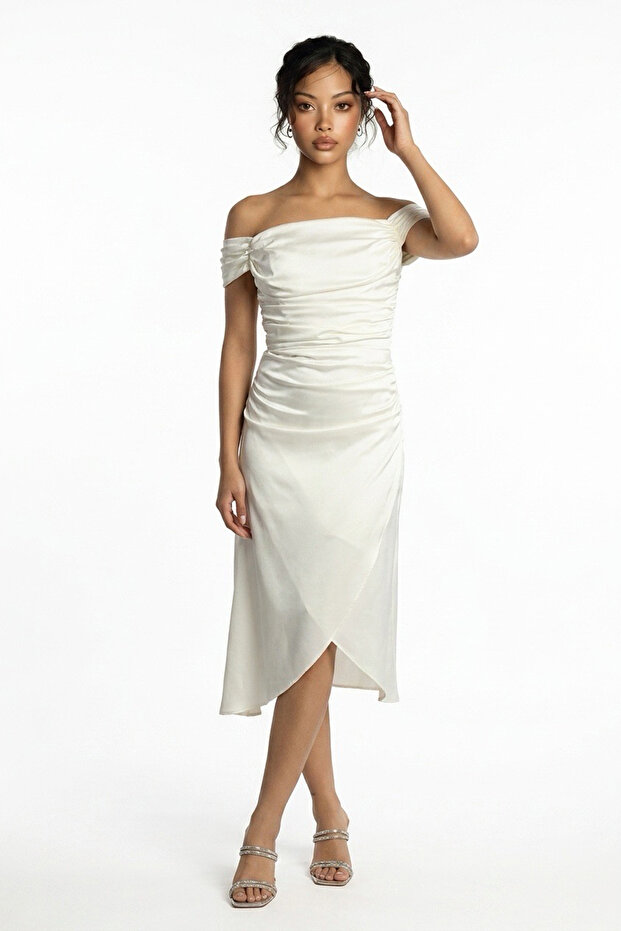 Women's Madonna Collar Draped Asymmetrical Satin Short Dress