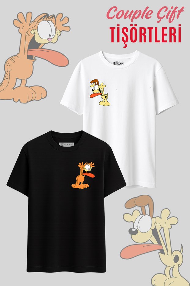 Garfield Bestie Printed Lover Combination T-Shirt Set of 2 Oversize Unisex Cotton Black and White Couple Tshirt