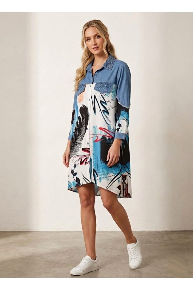 Stone Detail Pocketed Large Size Women's Tunic Shirt