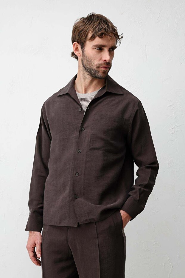 Dark Brown Lyocell Blend Wide Collar Men's Shirt
