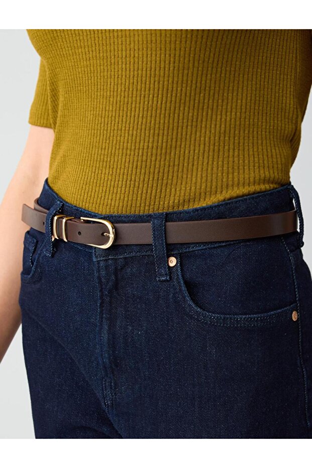 Brown Leather Look Thin Belt