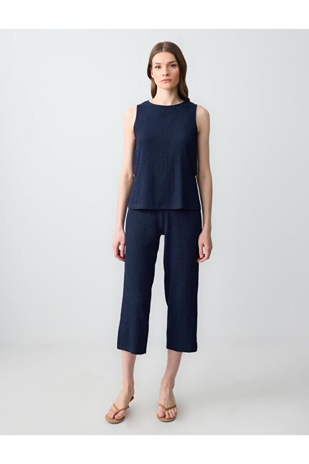 Navy Blue High Waist Regular Leg Short Knitted Trousers