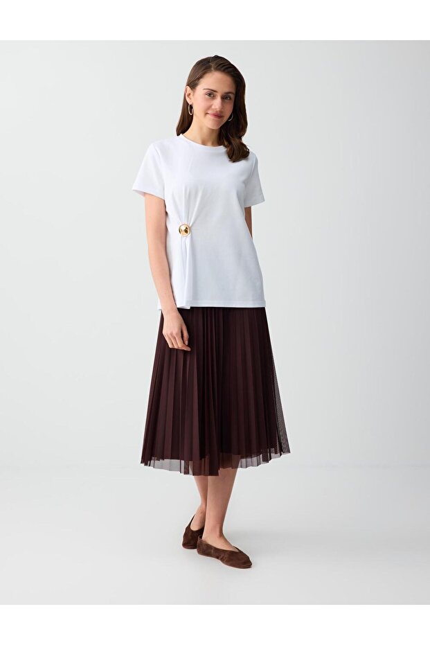 Brown High Waist Pleated Relaxed Fit Midi Skirt