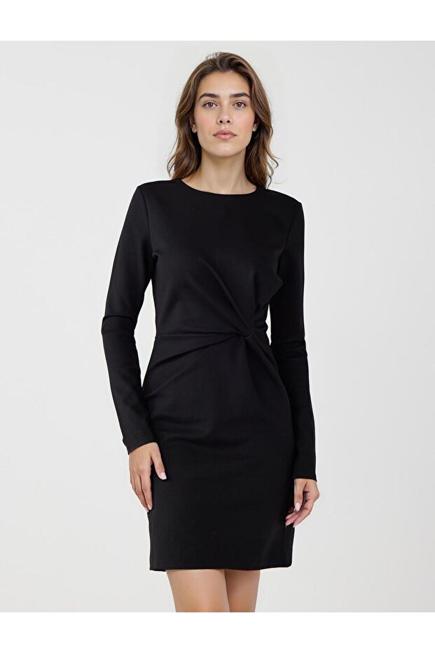 Black Round Neck Drawstring Detailed Knitted Mini Dress