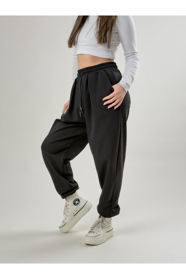 Elastic Cuffed Pleated Black Jogger Women's Trousers Coc2081