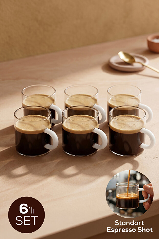 Set of 6 Glass Espresso Cups with White Handles - 95 ml