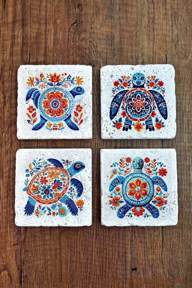 Natural Stone Coasters Set of 4 10X10X1 cm Colorful Turtle Patterns-Stone Coasters