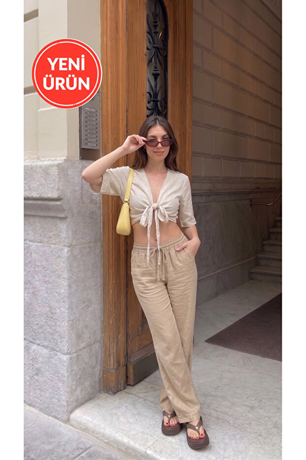 Women's Washed Linen Blend Loose Fit Trousers Beige
