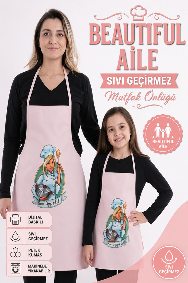 Beautiful Family Liquid Proof Waterproof Kitchen Apron Adult and Children Apron