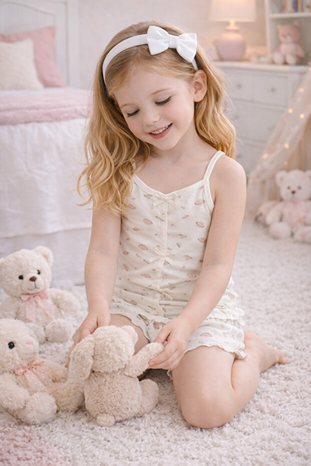 Girl's Cotton Patterned Bowknot Strap Shorts Pajama Set