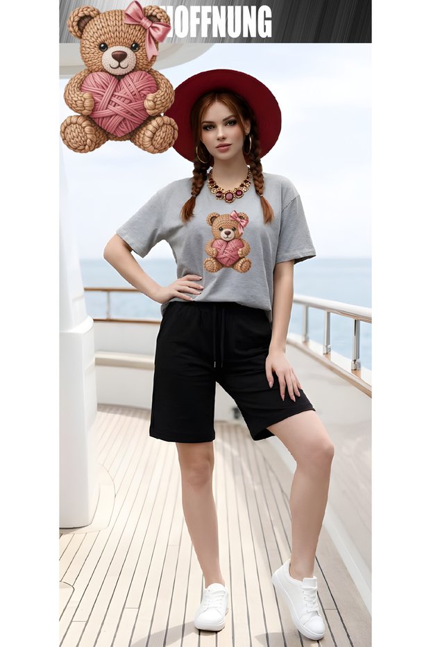 Unisex Casual Short Sleeve Set with Love Bear Head Print Outdoor Spring/Summer Fullshorts