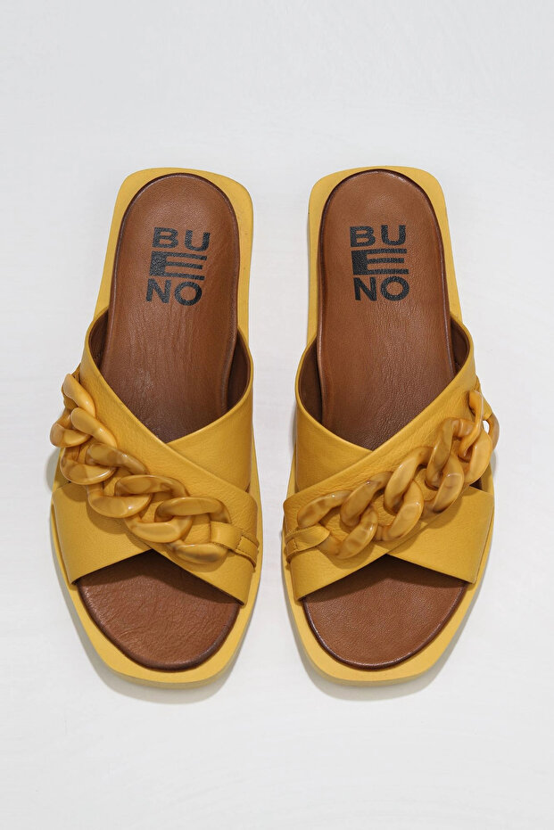 Yellow Leather Women's Flat Slippers 01Wu3312