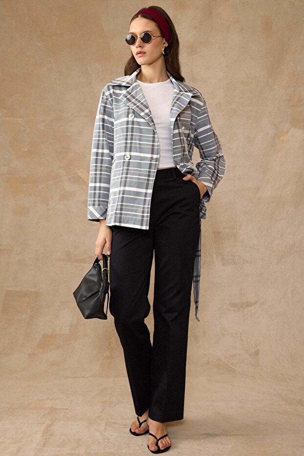 Plaid Patterned Unlined Short Trench Coat Dark Blue 6848