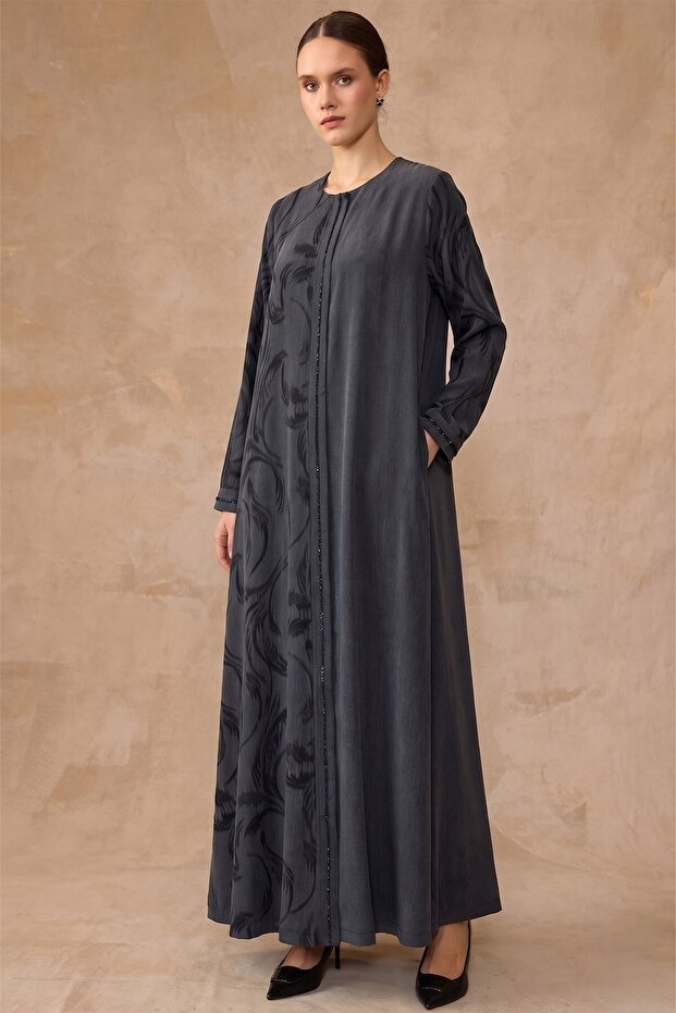 Pattern and Stone Detailed Cupra Silk Large Size Robe Black 6857
