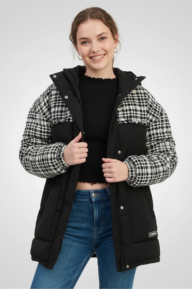 Women Textured Puffer Jacket, Black