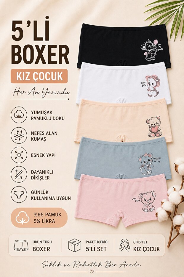 Girl's Boxer Briefs 5 Pack Cotton Lycra Printed