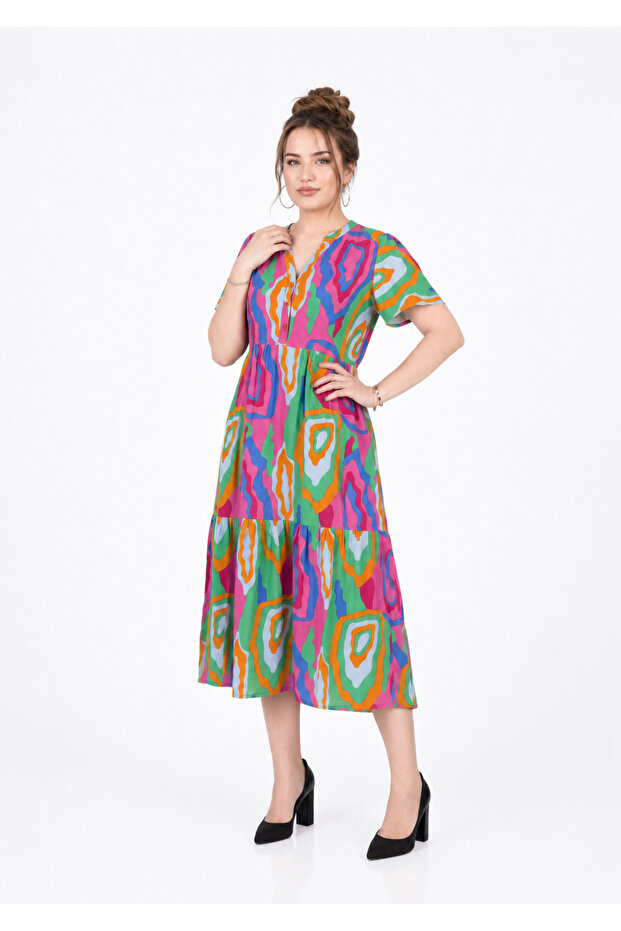 Women's Patterned V-Neck Buttoned Cotton Viscose Midi Dress
