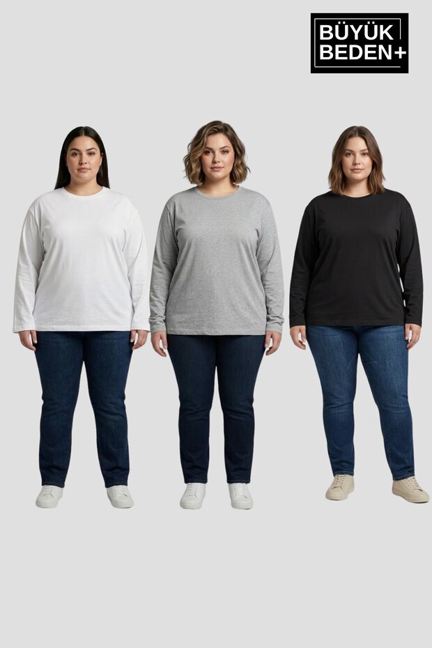 Women's Large Size 3-Piece Set Long Sleeve 2 Thread Crew Neck T-Shirt Spr26Bea942+2