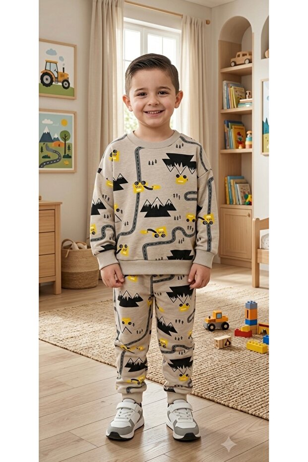 Brushed Inside Milk Coffee Road Car Patterned Long Sleeve Pajama Set for Boys