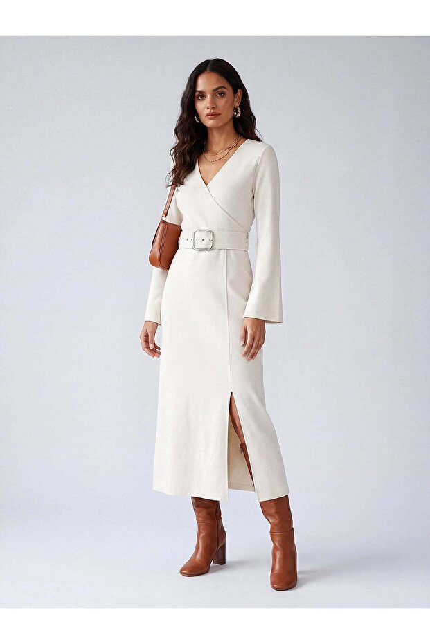 Women's White Cross V-Neck Slit Midi Dress – Bride Fit | Stretchy Knitwear Structure | Elegant Silhouette