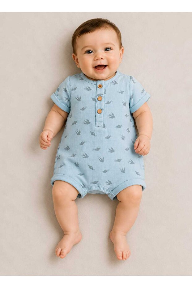 Baby Boy 100% Cotton Muslin Short Sleeve Summer Romper Blue Bird Pattern Newborn 0-3 Months / 3-6 Months