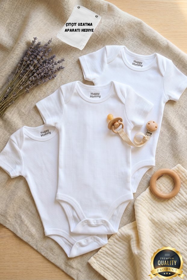 Premium 100% Organic Cotton Ribbed 3-Piece White Short Sleeve Baby Bodysuit Set with Snap Fasteners