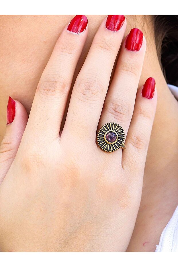Natural Stone Amethyst Round Natural Stone Antique Model Women's Adjustable Ring Euy70Amt