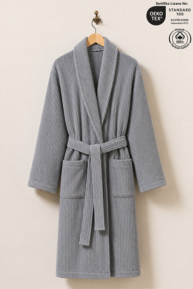 Gray Striped Bathrobe 100% Certified Cotton Shawl Collar Unisex Bathrobe / Dressing Gown 340 Gr/M2