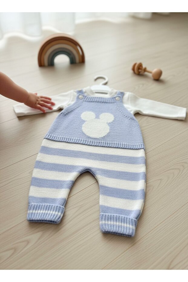 Striped Knitwear Baby Salopet Jumpsuit with Teddy Bear Motif / Gift Set with Combed Cotton Bodysuit