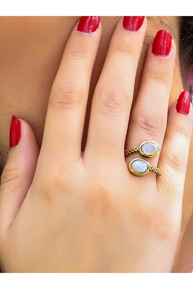 Natural Stone Moonstone Antique Model Women's Adjustable Ring with Double Natural Stones Euy75Ay