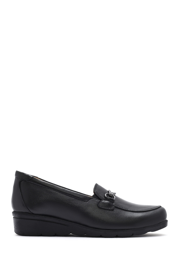 Women's Black Buckle-Strap Wedge Heeled Leather Shoes, Comfort Loafer 26Pfd410018