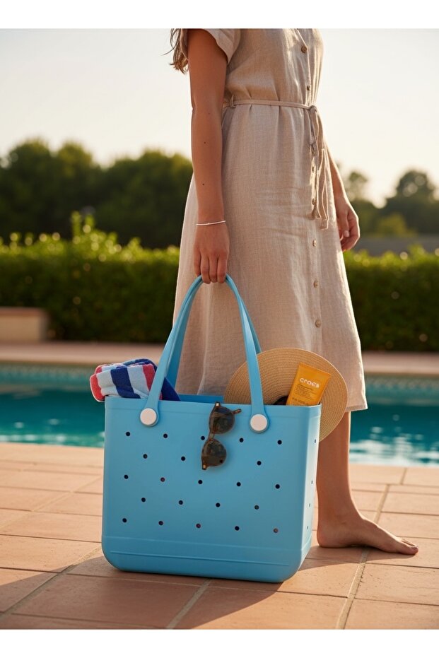 Silicone Beach Bag Shoulder Bag Large Size 29(H)X34X13Cm Blue